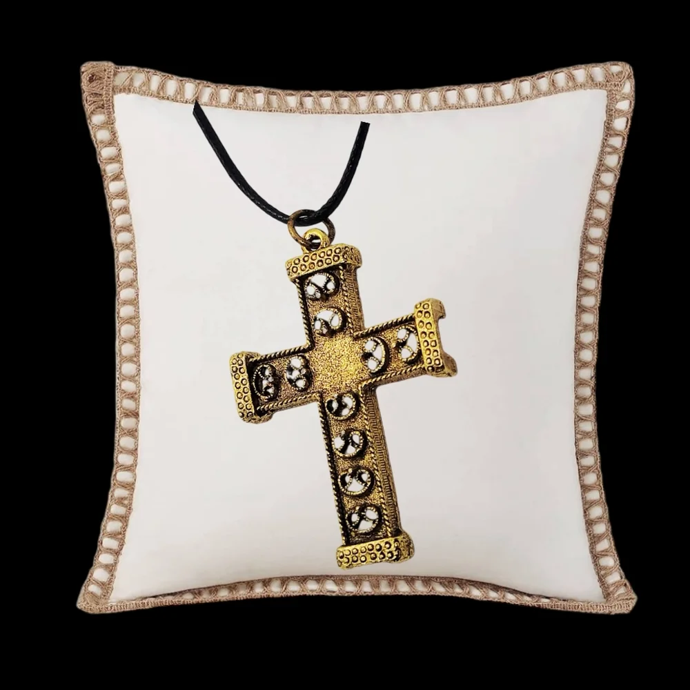 Gold Plated Cross with a Beautiful Embossed Design and Black Leather Necklace